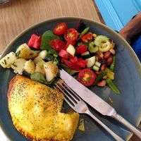 Pasty (with a small bite taken) and salad at Mudlarks Garden Cafe in Hertford
