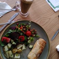 Mushroom roll and salad with soya latte at Mudlarks Garden Cafe in Hertford