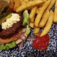 Burger with avocado and chips - the mayo came from Tesco!! at The Six Templars in Hertford