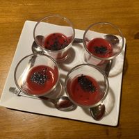 (*free) cold cauliflower and beetroot soup with black sesame seeds at Fargo in Sevilla