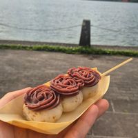 Golden sesame rice dango with Hokkaido sweet red bean paste at Ashinoko Mitsufukuchaya in Hakone