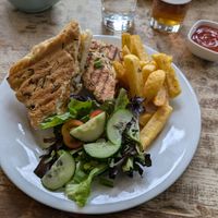 vegan sausage (vegetable/ potato sausage) and cheese focaccia at The Kings Arms in Stow-on-the-wold