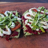 Phenomenal avocado on whole meal bread with red cabbage and sour cream. Vegan   at Raw Love - Ahau Tulum Beach in Tulum