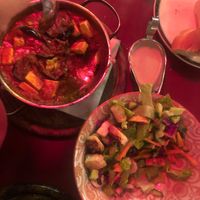 Vegan shakshuka with tofu and salad with halloumi cheese. (We were a bit hungry, so we ate some of it before I remembered to take a pic)  at Cafe Meshulash in Tel Aviv