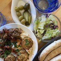 Hummus with aubergine and falafel  at Hummus Bar in Lund