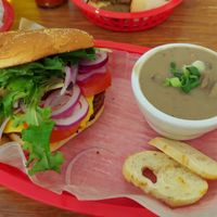 Cheezeburger and cream of mushroom soup at The Dancing Dog in Urbana
