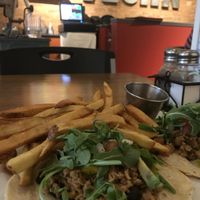 Tacos with fries instead of salad at The Dancing Dog in Urbana