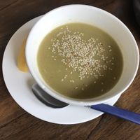 The soup that came with the meal of the day with a little banana at El Punto Veggie in Salento