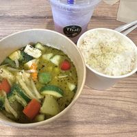 Green mountain curry with tofu and taro bubble tea with coconut milkk  at Tik's Thai Yellow Springs in Yellow Springs