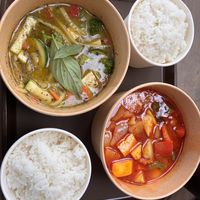 Green curry and yellow springs curry both with tofu   at Tik's Thai Yellow Springs in Yellow Springs