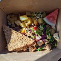 Hippie scramble with potatoes and wheat toast at Cafe One in Fort Bragg