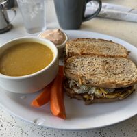 Tempeh Reuben and Butternut Squash Soup (vegan thousand island and cheese)  at Cafe One in Fort Bragg