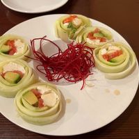 Vegano Appetizer- Tofutti cream cheese, avocado, tomato, and tofu wrapped in cucumber with homemade ponzu sauce at Sushiko in Jacksonville