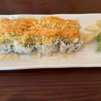 Crunchy Spicy Tofu Roll- Tofutti cream cheese, cucumber, spicy tofu, and crunch on top with vegan spicy mayo at Sushiko in Jacksonville