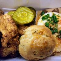 Vegan Chickun box with Creole grits. at Dharma Southern Chick'n in Orlando