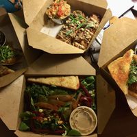 Chili dogs, fried green tomato sandwich, kale salad, jackfruit sandwich.  Alllll amazing! at Dharma Southern Chick'n in Orlando