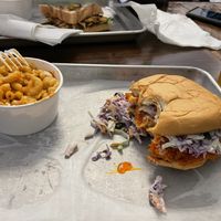 Nashville hot chikin sandwich and buffalo Mac and cheese all vegan   at Dharma Southern Chick'n in Orlando