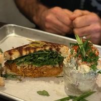 Pulled Jackfruit Sandwich with potato salad - amazing! at Dharma Southern Chick'n in Orlando