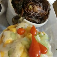 Spicy mac n cheeze and brussel sprouts at Dharma Southern Chick'n in Orlando