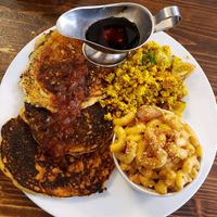 Flapjacks with sweet onion jam, tofu scramble and garlic mac n cheese. at Dharma Southern Chick'n in Orlando