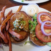Santa Fe Crispy Chicken with sweet potato fries. at Veggie Grill by Next Level - Tustin Marketplace in Irvine