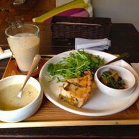 Set meal for 1.000 Yen: a quiche with salad, eggplant, a potato soup, and a drink. I took the the smoothie of the day.  at Smoothie etc. in Kyoto