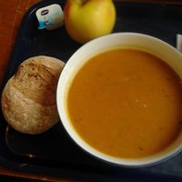 Brussels sprouts soup (heavenly) with the homemade spelt bread bun + fruit (and vegan spread for the bread) – all for 4,50€ at Centrifuge in Maastricht