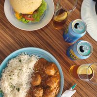 Lentil burger and "meatballs" with rice at kVegan in Tenerife