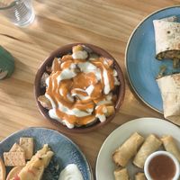 Spanish omelette, spring rolls, tofu&veg wrap and the bravas potatoes at kVegan in Tenerife