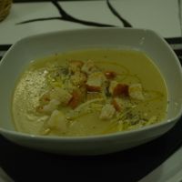 Cream of Potato/Cucumber with Vegan Cheese & Crutons at Logud'Oro in Sassari