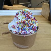 Hot fudge sundae with vanilla soft serve, vegan hot fudge, vegan caramel sauce, waffle cone pieces, chocolate chips, coconut whip and rainbow sprinkles!  at Chill Ice Cream Shop in Rochester