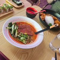 Pumpkin katsu, vegan tonton ramen with bacon, miso soup and Pumpkin sushi all vegan :) at Maki & Ramen in Southampton