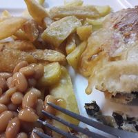 Vegan fish and chips with Heinz baked beans at Bookworm's Coffee in Ho Chi Minh City