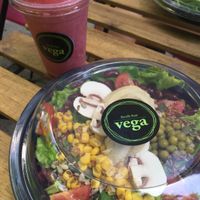 Fat burning smoothie with grapefruit etc and a salad with hummus  at Vega in Skopje