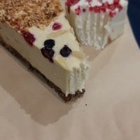 white chocolate-mango cake and white chocolate cube at Vega in Skopje
