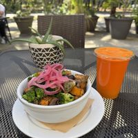 Roasted veggie quinoa bowl and the root awakening juice.  Both were very fresh and flavorful.    at Bay Naturals Healthy Market & Kitchen in Myrtle Beach