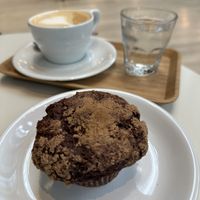 Vegan GF chocolate berry muffin and an oat cappuccino   at Olympia Coffee Roasting in Seattle