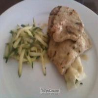 lemon rosemary seitan with asparagus crepe and zucchini at Madeleine Bistro in Tarzana