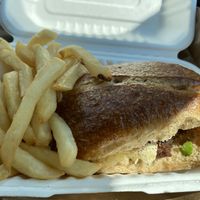 Meatball sandwich and fries- yum at Killer Vegan in Union