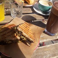Vegan cheese + mushroom sandwich and hot chocolate with oat milk at KIRAS - Totoriu 7 in Vilnius