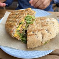 Sandwich with jalapeño (really nice flavor, no gluten free bread available)  at KIRAS - Totoriu 7 in Vilnius