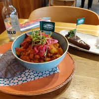Veggie chilli and Chocolate coconut tart for Vegan.  at Las Iguanas in Newcastle Upon Tyne