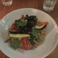Vegan Garlic Lentils with Roasted Vegetables and Crispy Kale at Black Bear Cafe in Belfast