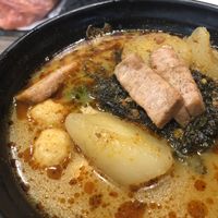 Noodles with radish, vegan fish balls, vegan spam, seaweed in laksa soup at So Yuet Hin 素悅軒 in New Territories