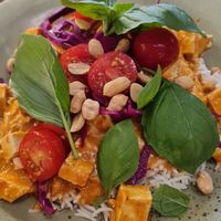 The warm dish of the day - red curry with tofu at Roots Kitchen in Turku