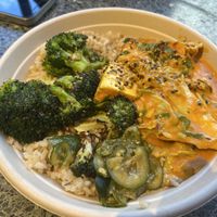 Tofu bowl, lime leaf tofu with ponzu broccoli and brown rice  at Farmer J Strand in London