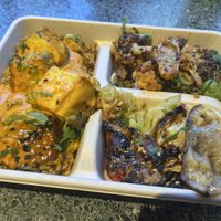 Make your own tray, farmers grains. Lime leaf tofu, roasted cauliflower and roasted chilli aubergine   at Farmer J Strand in London