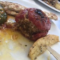 Stuffed tomato and bell pepper at Liondi in Athens