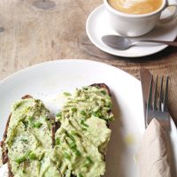 Avadaco toast and flat white at The Plant Cafe in Exeter