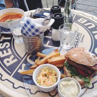 vegan burger and a vegan soup at Refresh Restaurant - Re Fresh in Bratislava